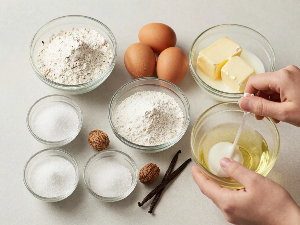 Ingredients for old-fashioned classic cake donuts arranged in a flat lay