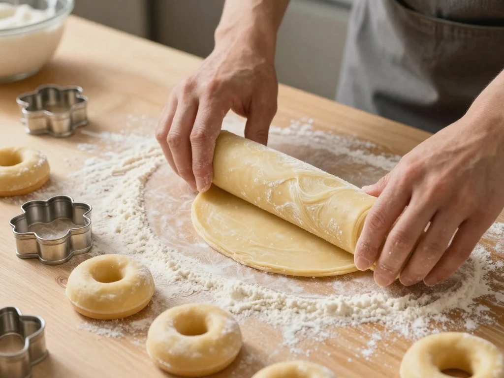 Rolling and cutting chilled dough for classic cake donuts