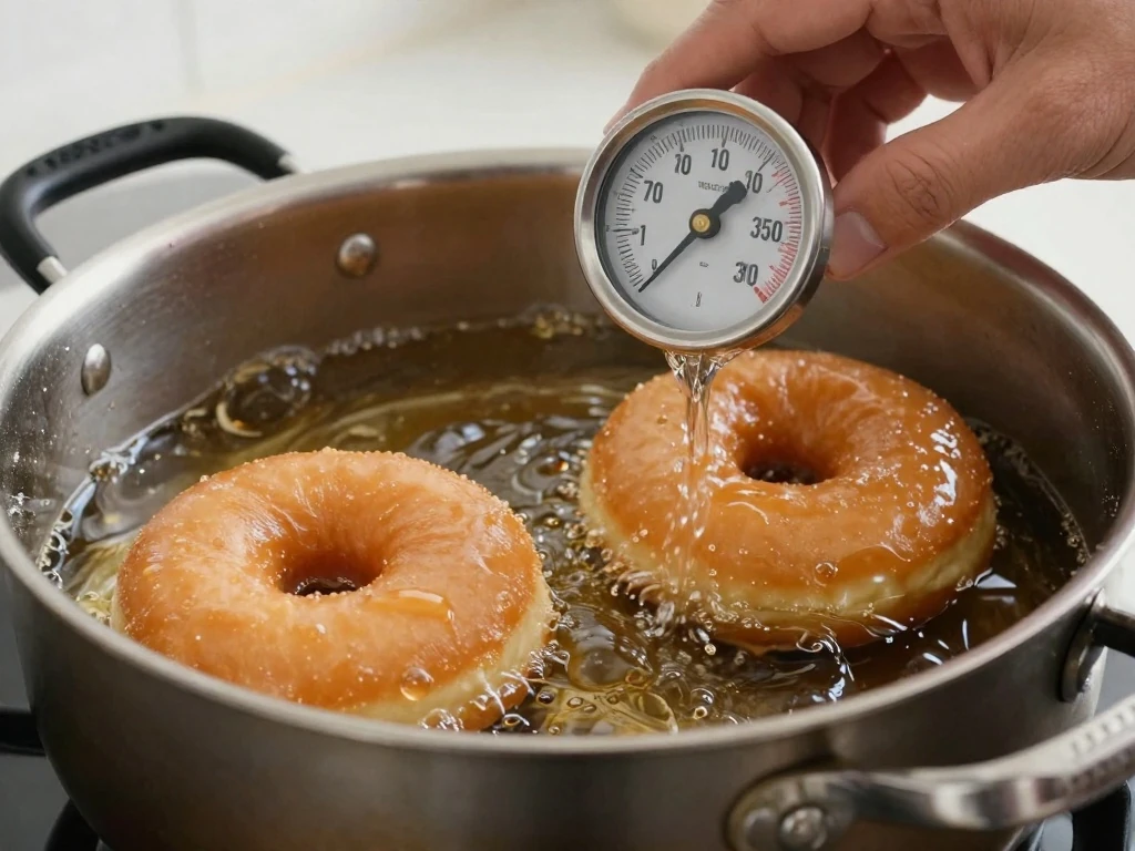 Cake donuts frying at the correct oil temperature