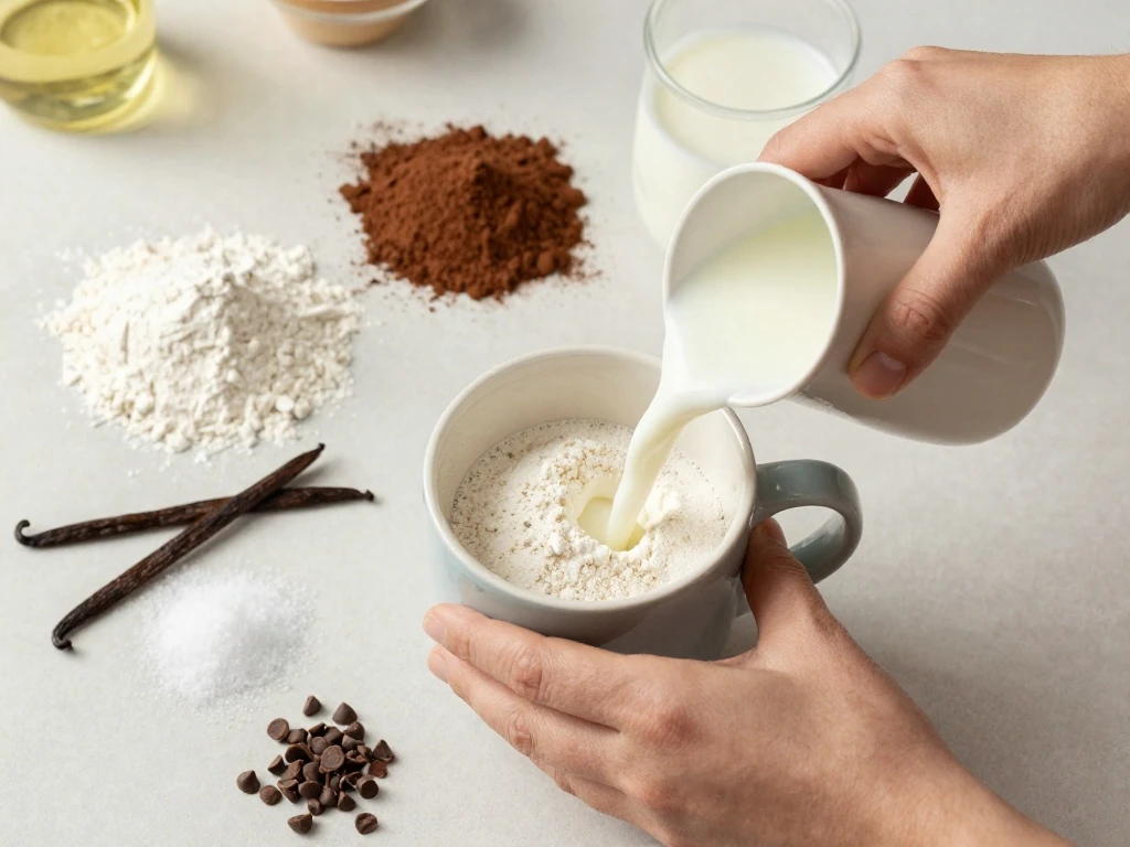 Ingredients for an easy chocolate cake in a cup