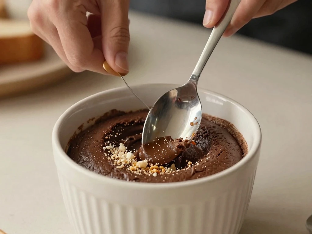 Stirring chocolate cake batter in a microwave-safe cup