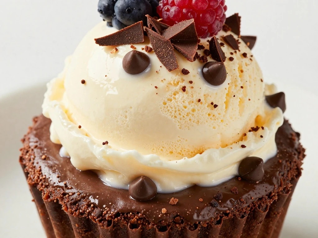 Chocolate mug cake with ice cream and berries
