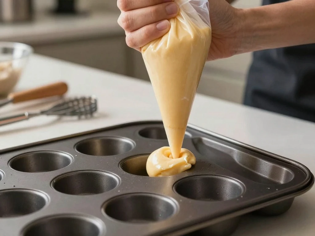 Piping cake mix donut batter into a greased donut pan