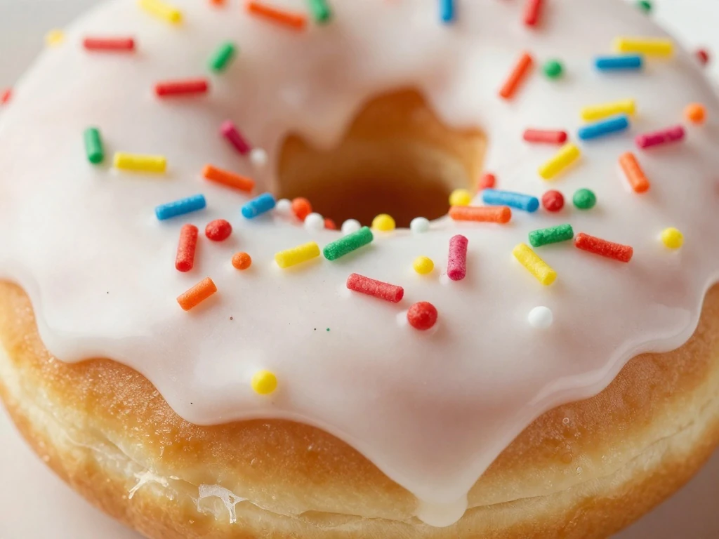 Vanilla-glazed cake donut topped with rainbow sprinkles