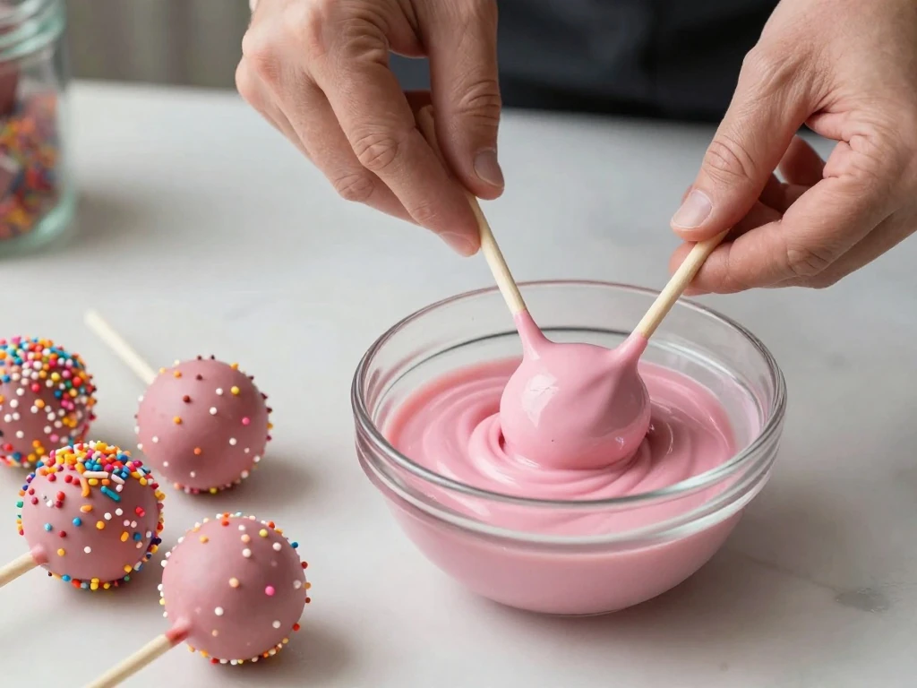 Dipping a homemade cake pop into melted candy coating