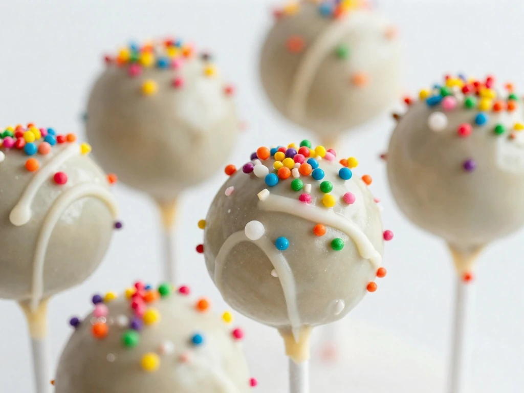 Decorated mini cake pops with sprinkles and candy drizzle