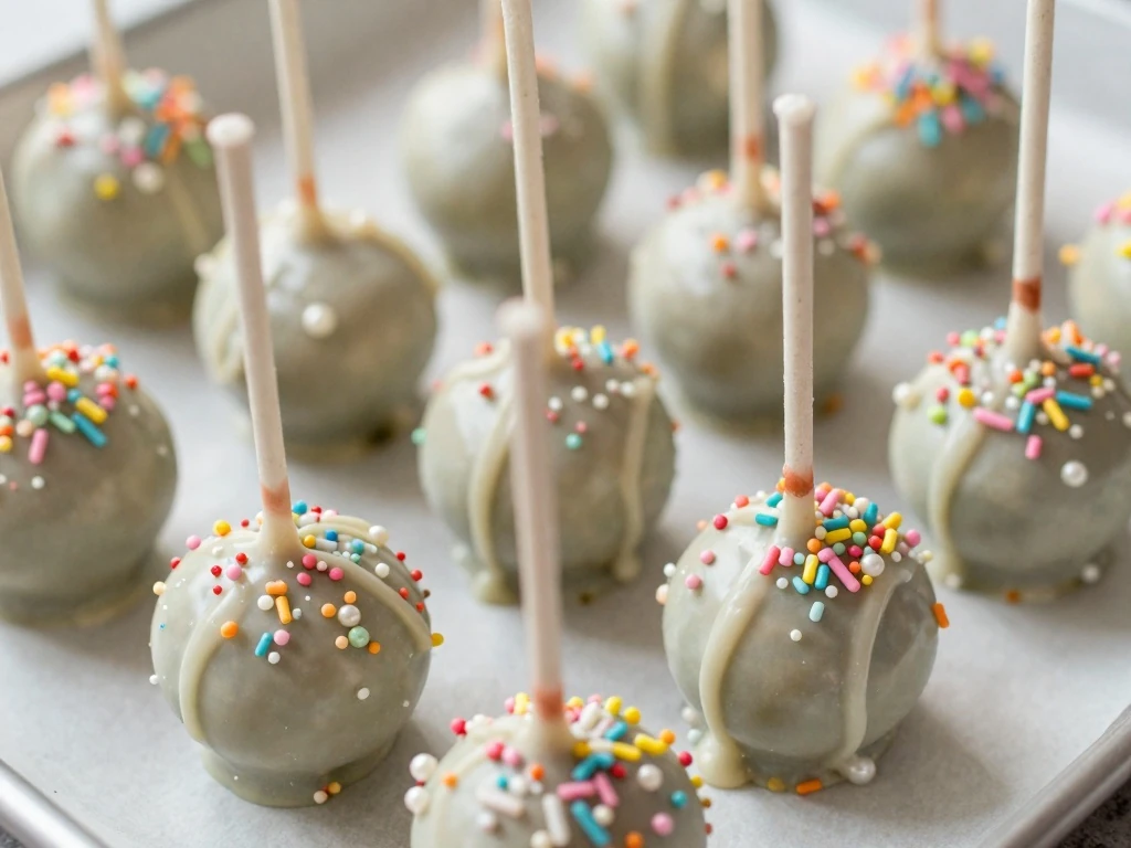 Decorated cake pops with sprinkles and chocolate drizzle