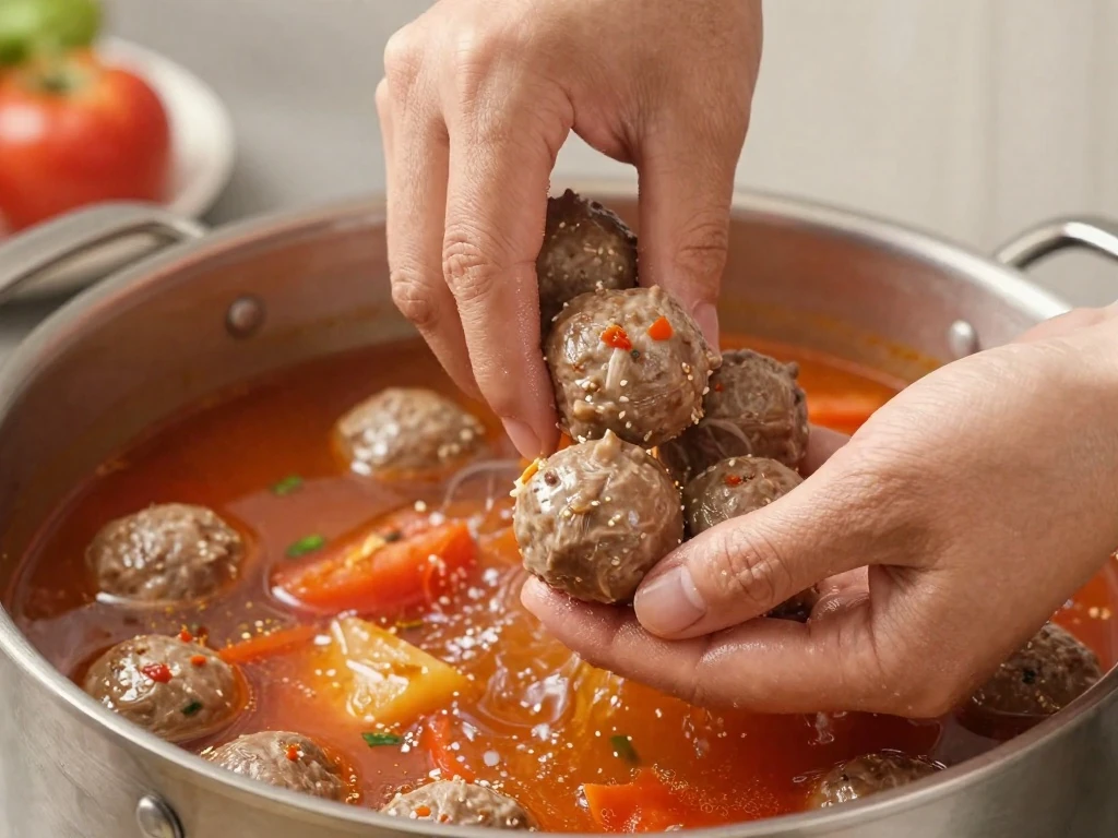 Shaping beef and rice meatballs for Mexican soup