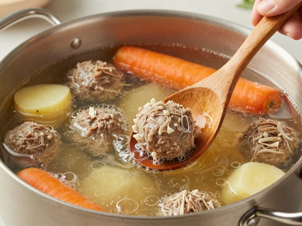 Albondigas simmering gently in tomato broth