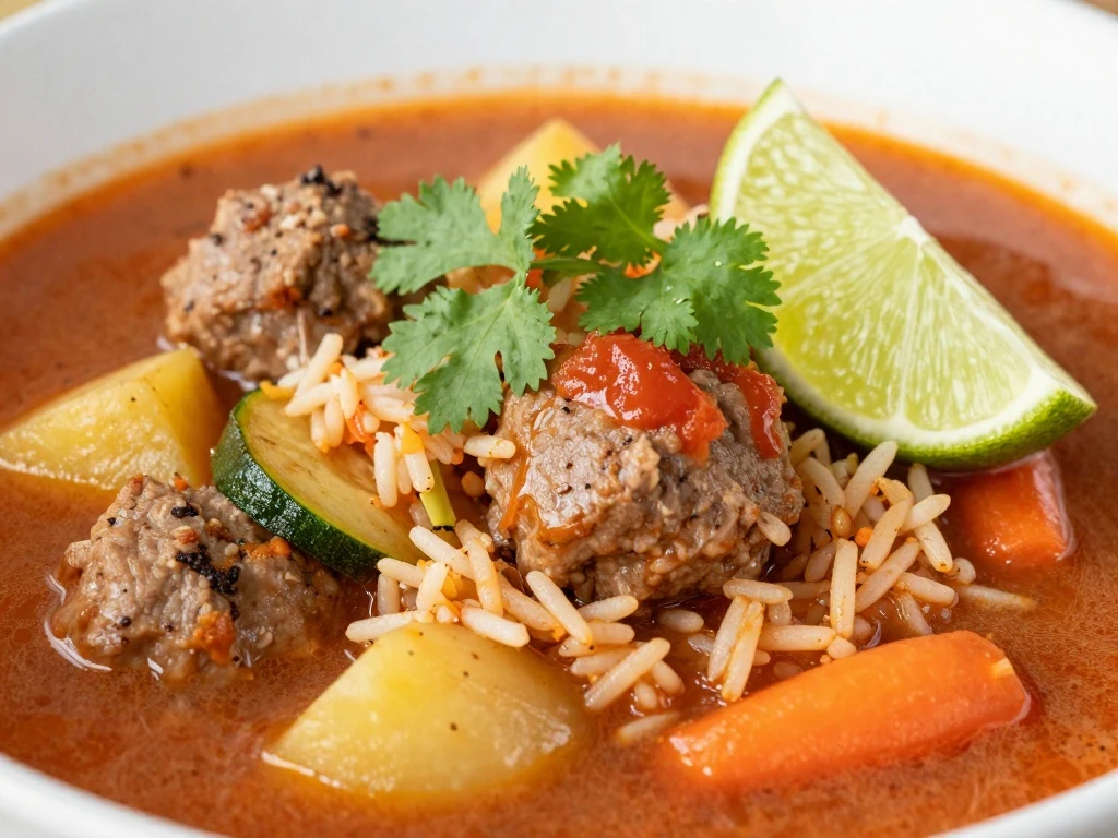 Caldo de albondigas garnished with cilantro and lime