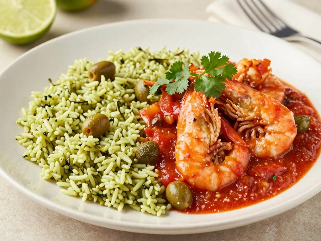 Camarones a la Veracruzana served with green rice