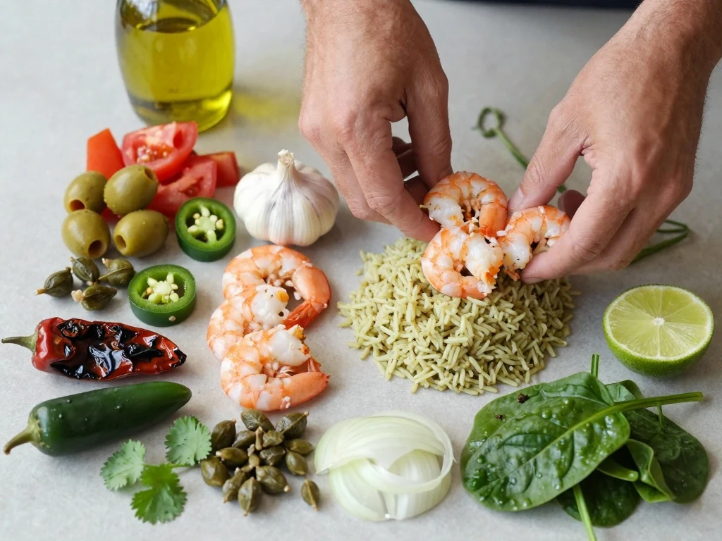 Ingredients for Veracruz shrimp and Mexican green rice