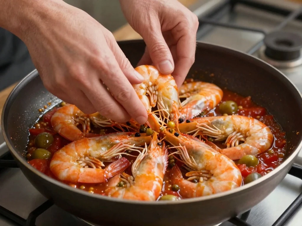 Shrimp simmering briefly in Veracruz tomato sauce