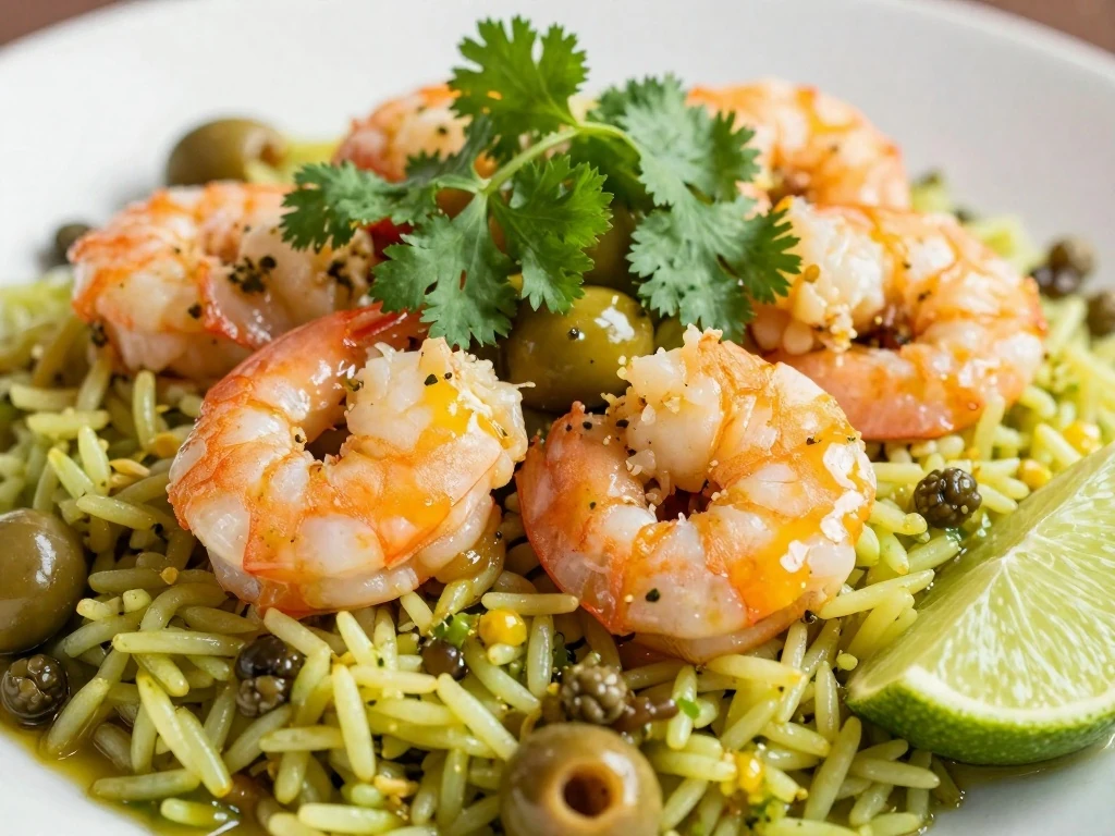 Cilantro and lime garnish on Camarones a la Veracruzana with green rice