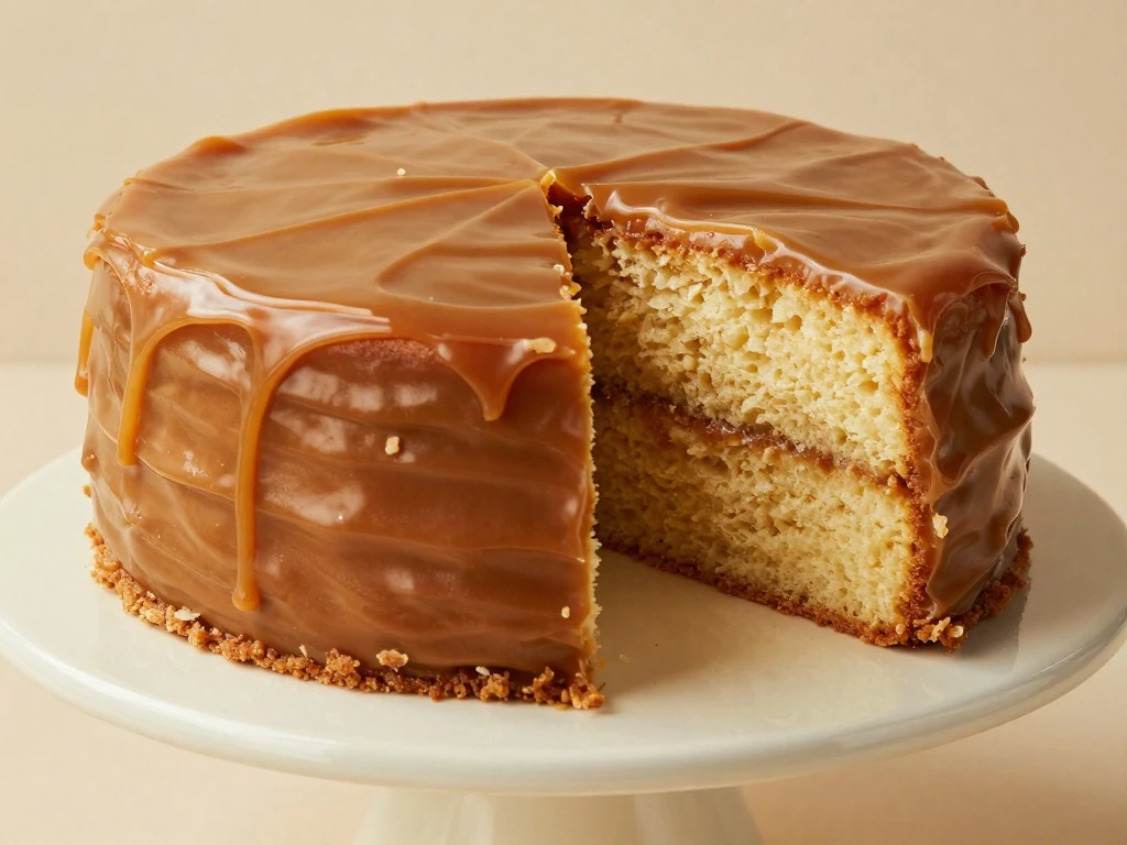 Classic caramel cake with golden butter cake layers and brown-sugar frosting