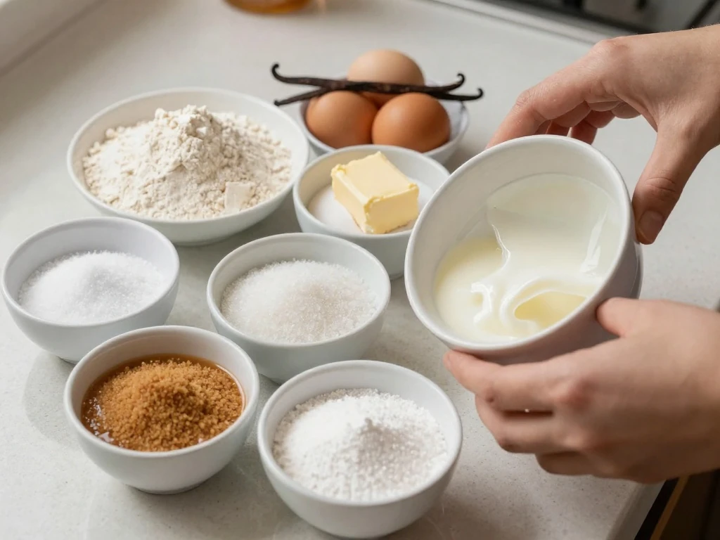 Ingredients for homemade classic caramel cake and cooked caramel frosting