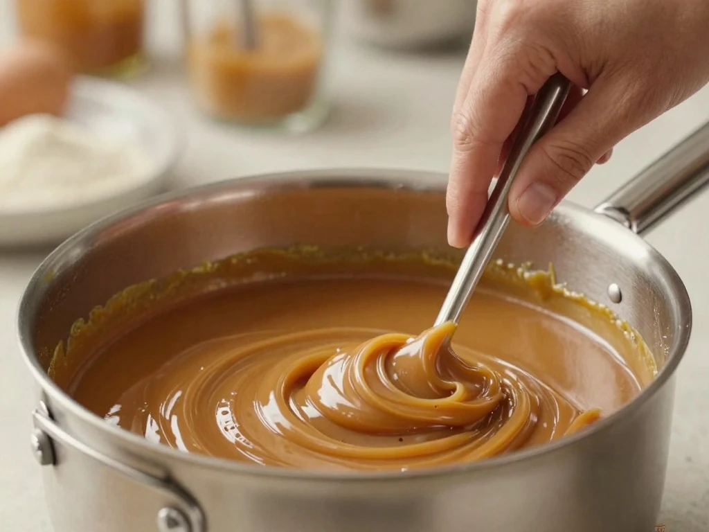 Cooking brown-sugar caramel frosting to the soft-ball stage
