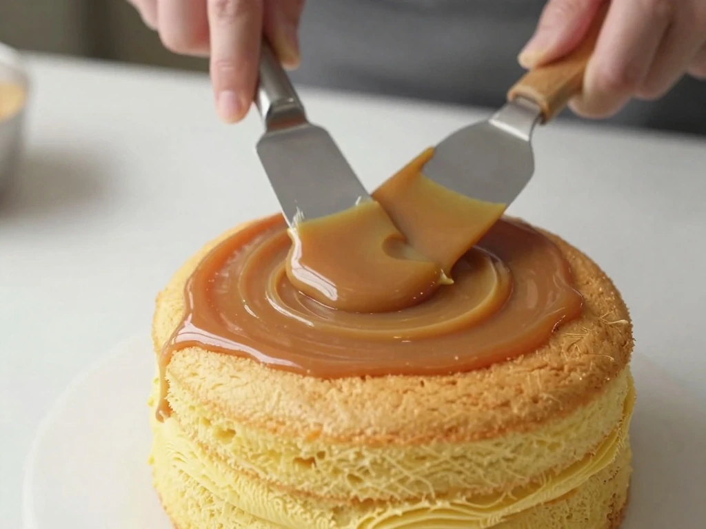 Spreading warm cooked caramel frosting over a layer cake
