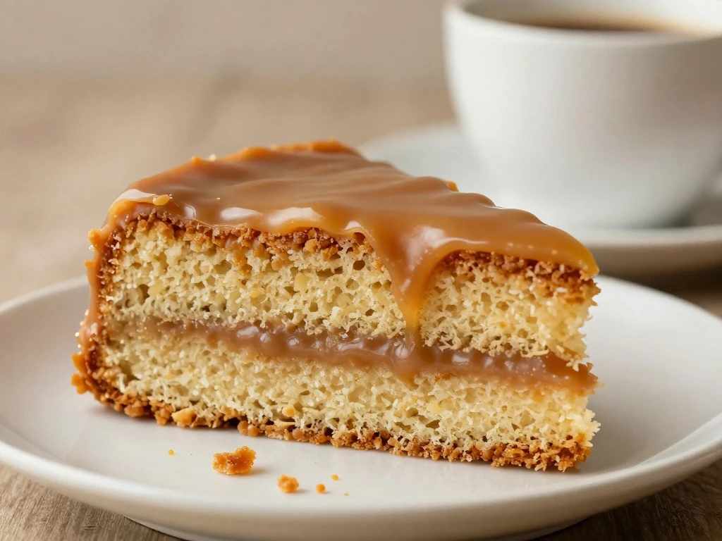 Slice of classic caramel cake ready to serve with coffee