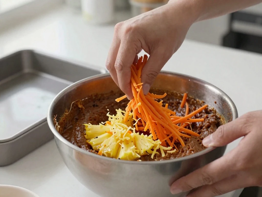Folding carrots and pineapple into carrot cake batter