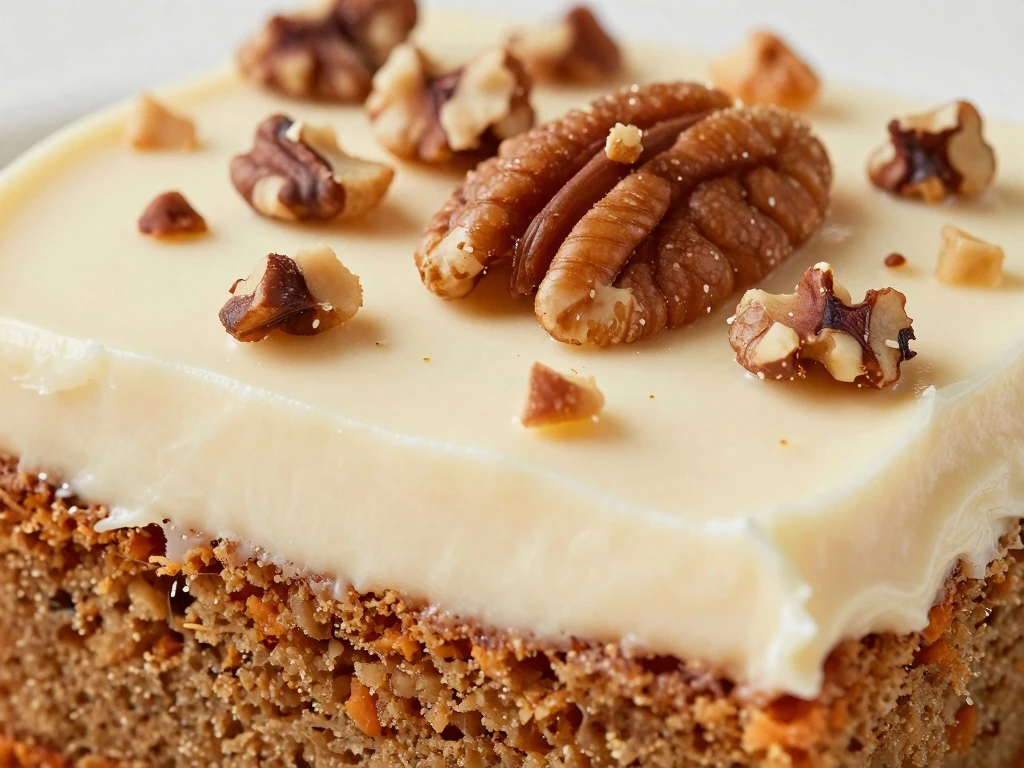 Cream cheese frosted carrot cake topped with chopped pecans