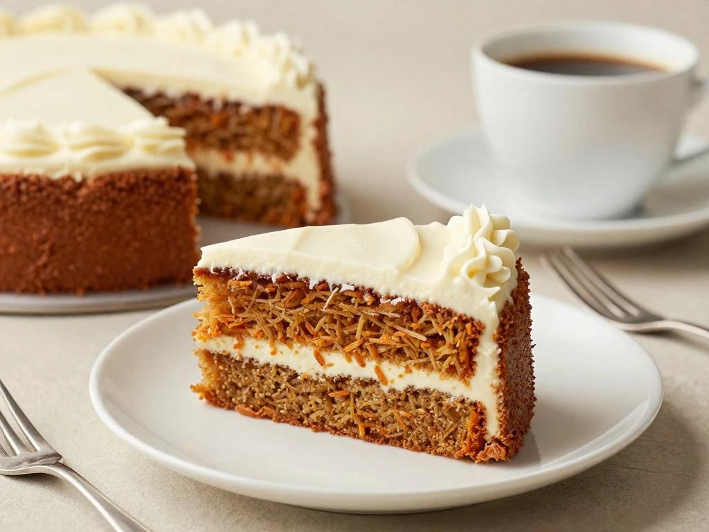 Served slice of refrigerated carrot cake with cream cheese frosting