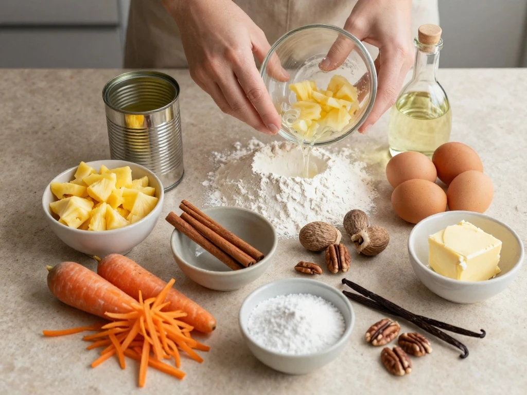 Ingredients for carrot cake with pineapple and cream-cheese frosting