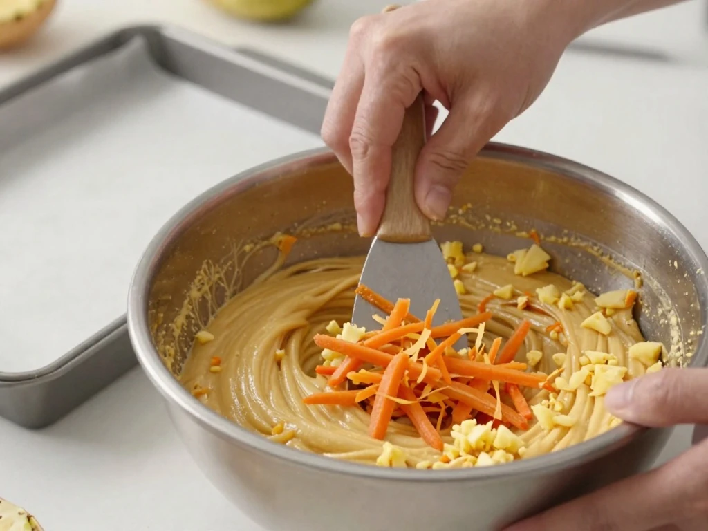Folding carrots and crushed pineapple into carrot cake batter