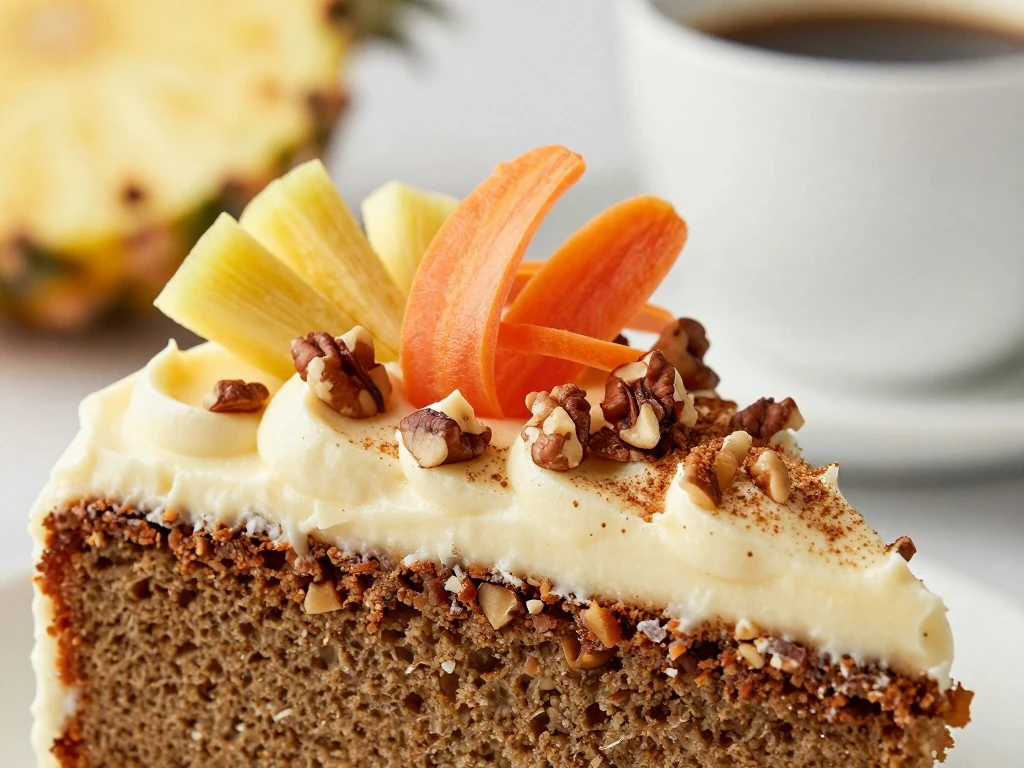 Carrot cake slice with cream-cheese frosting, pecans, and carrot garnish