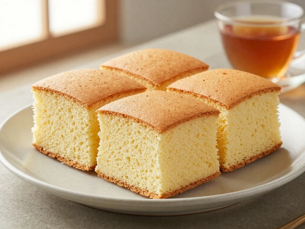 Slices of golden homemade Castella cake served on a ceramic plate