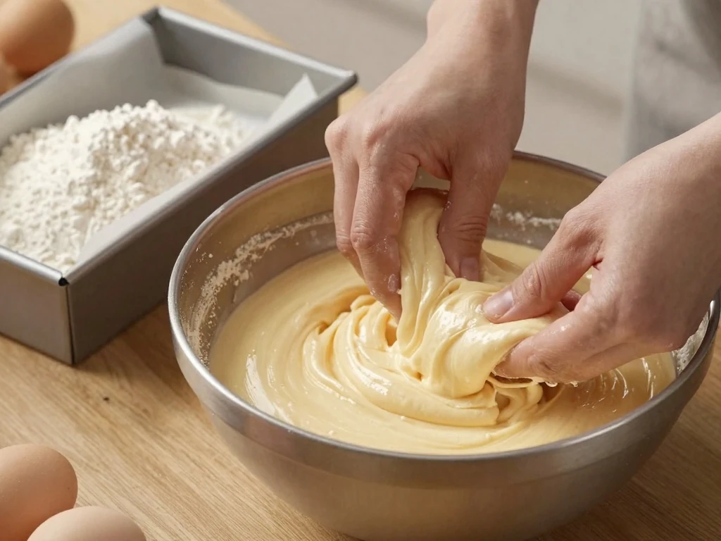 Folding sifted flour into whipped egg batter for Castella cake