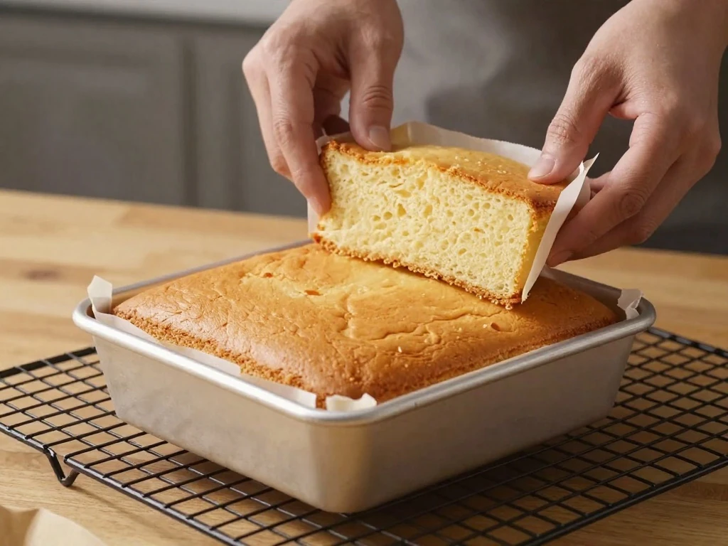 Warm Castella cake lifted from its parchment-lined baking pan