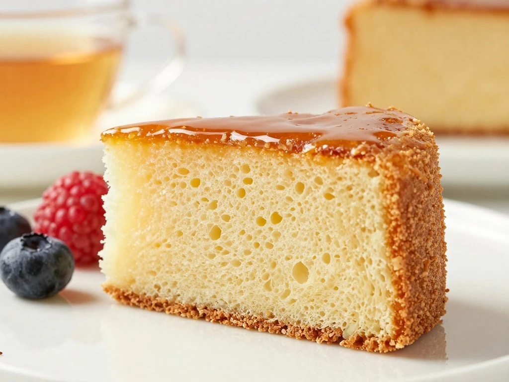 Close-up of the moist springy crumb of Castella cake with berries