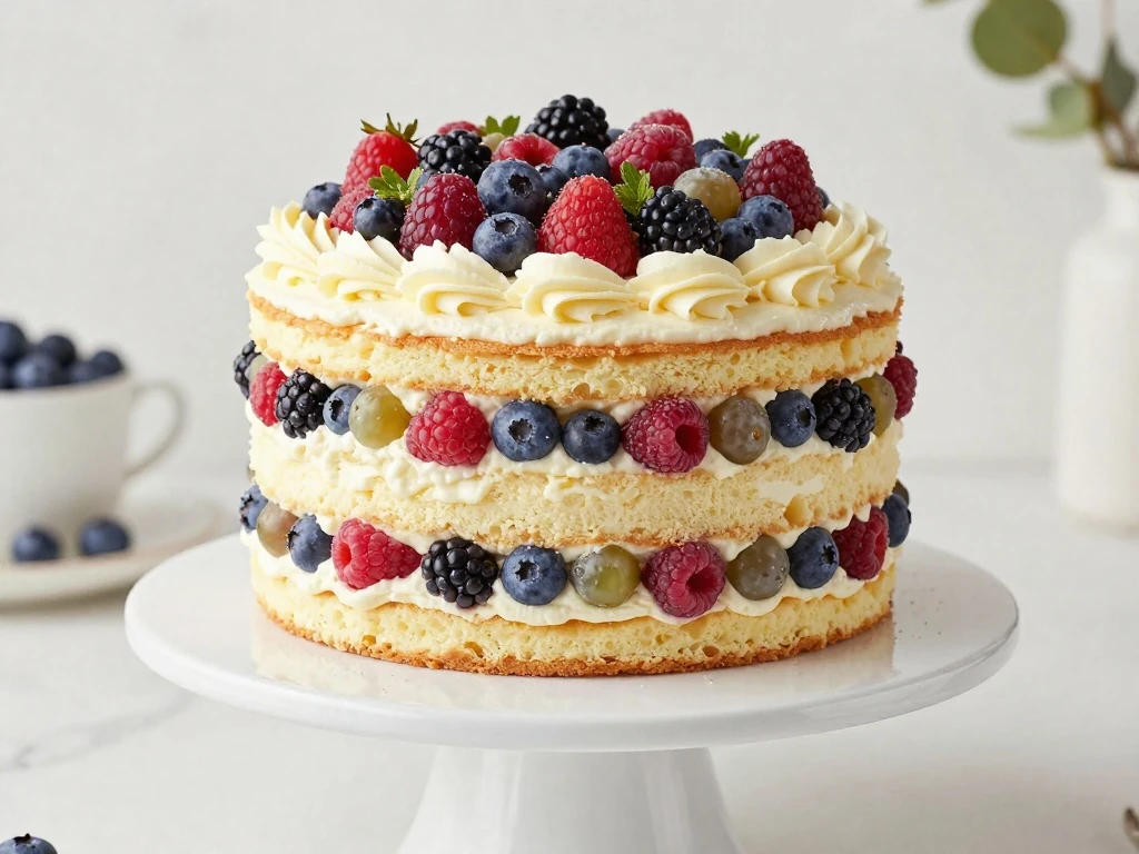 Three-layer Chantilly cake decorated with fresh mixed berries