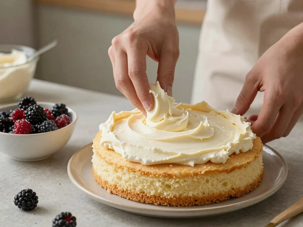 Assembling a Chantilly cake with frosting and fresh berries