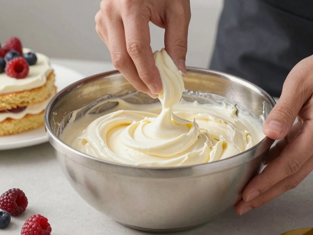 Folding whipped cream into mascarpone Chantilly frosting