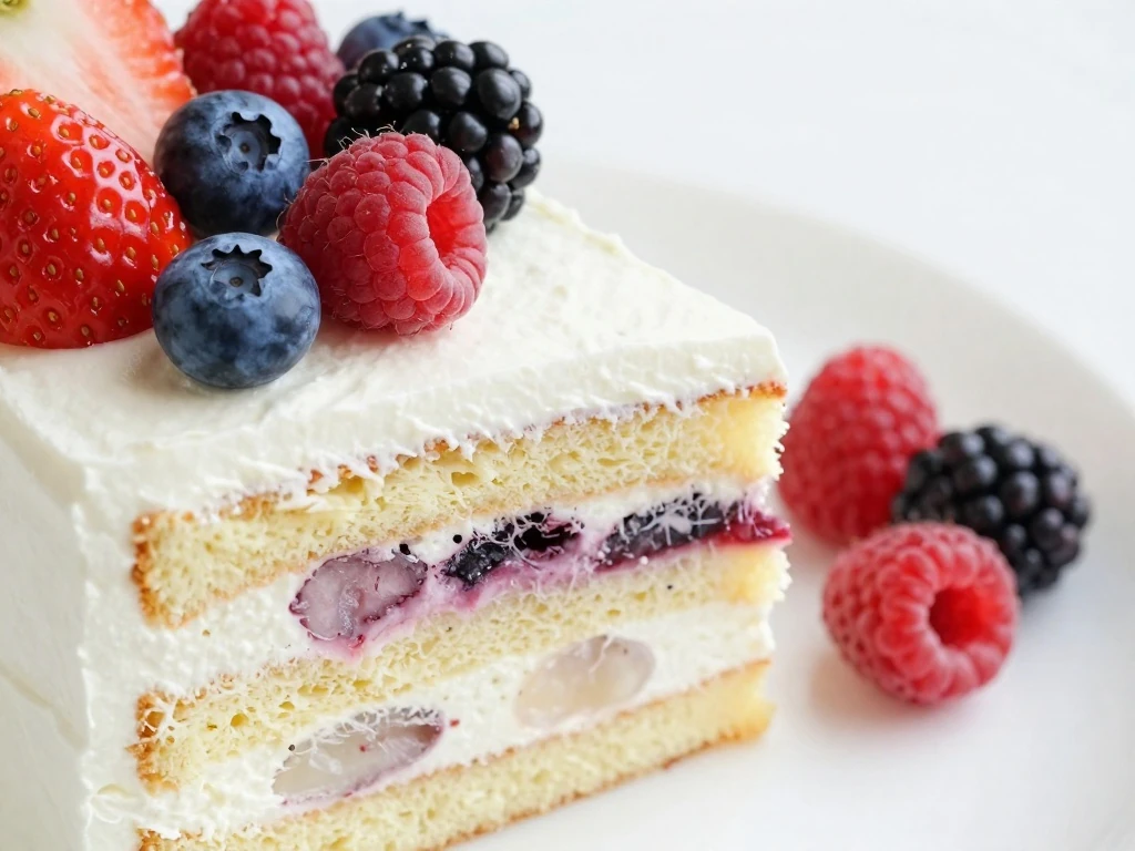 Slice of Chantilly cake showing fresh berries and creamy frosting