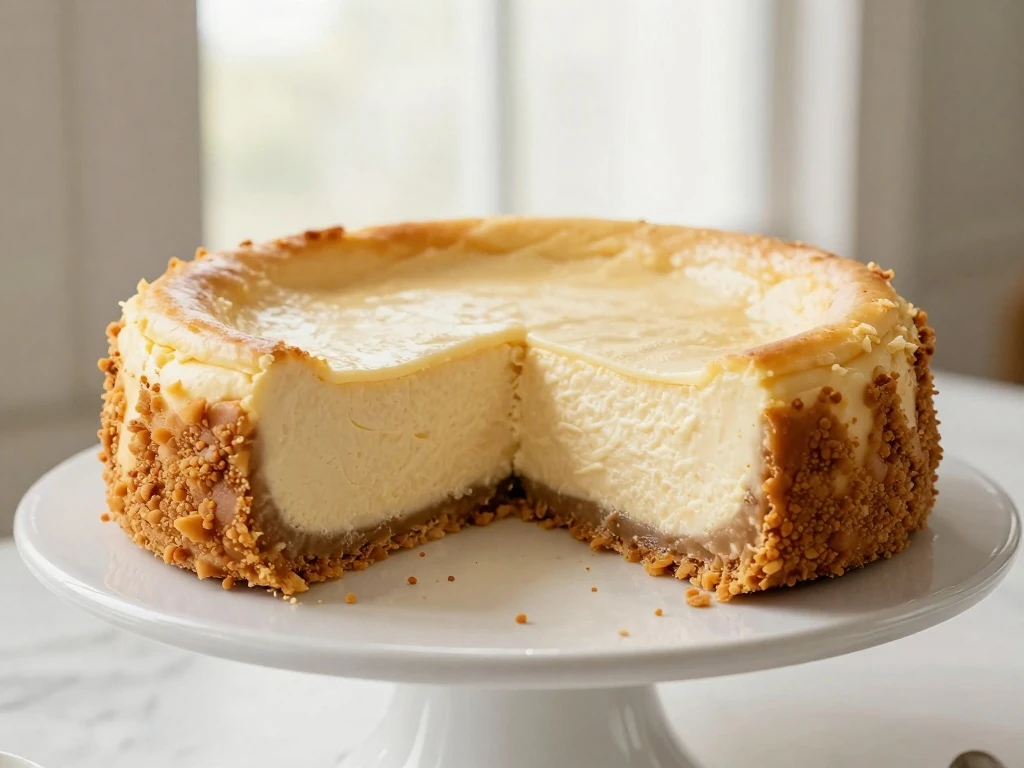 Tall classic cheesecake with a creamy filling and graham-cracker crust