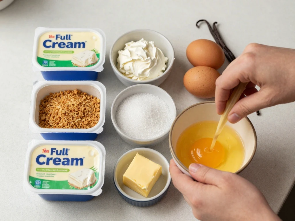Ingredients for classic cheesecake arranged on a countertop