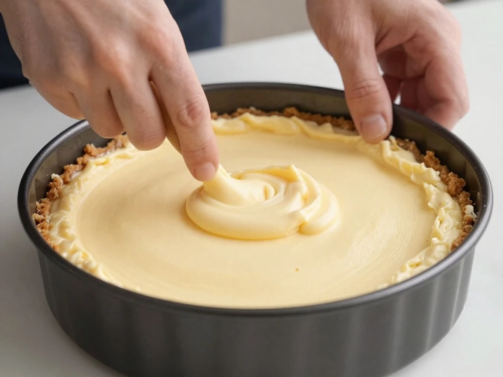 Creamy cheesecake filling being spread over a graham-cracker crust