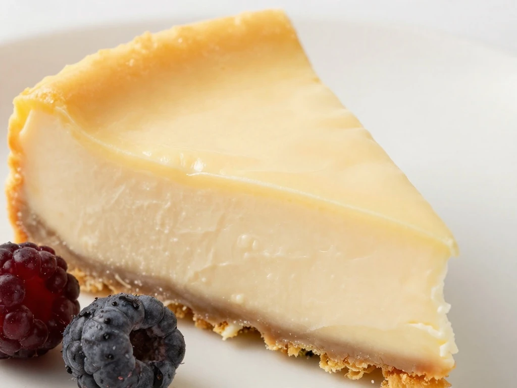 Close-up slice of creamy classic cheesecake with golden crust