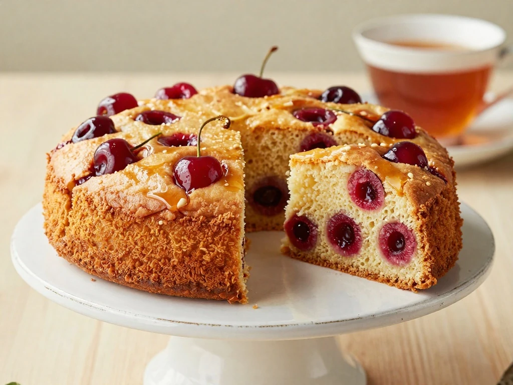 Slice of homemade British cherry cake with glacé cherries