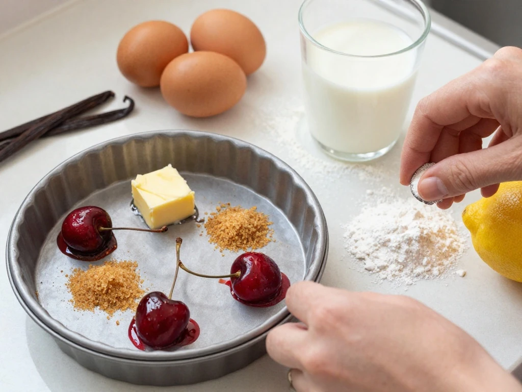 Ingredients for easy cherry cake arranged on a kitchen counter