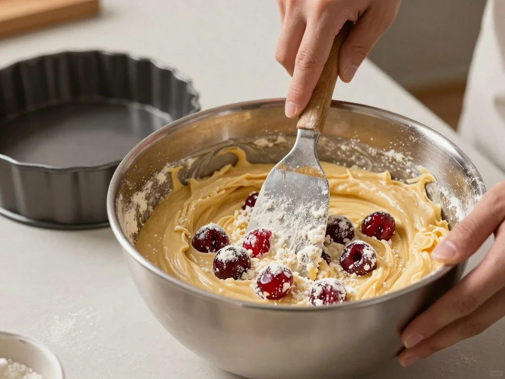 Folding glacé cherries into cherry cake batter