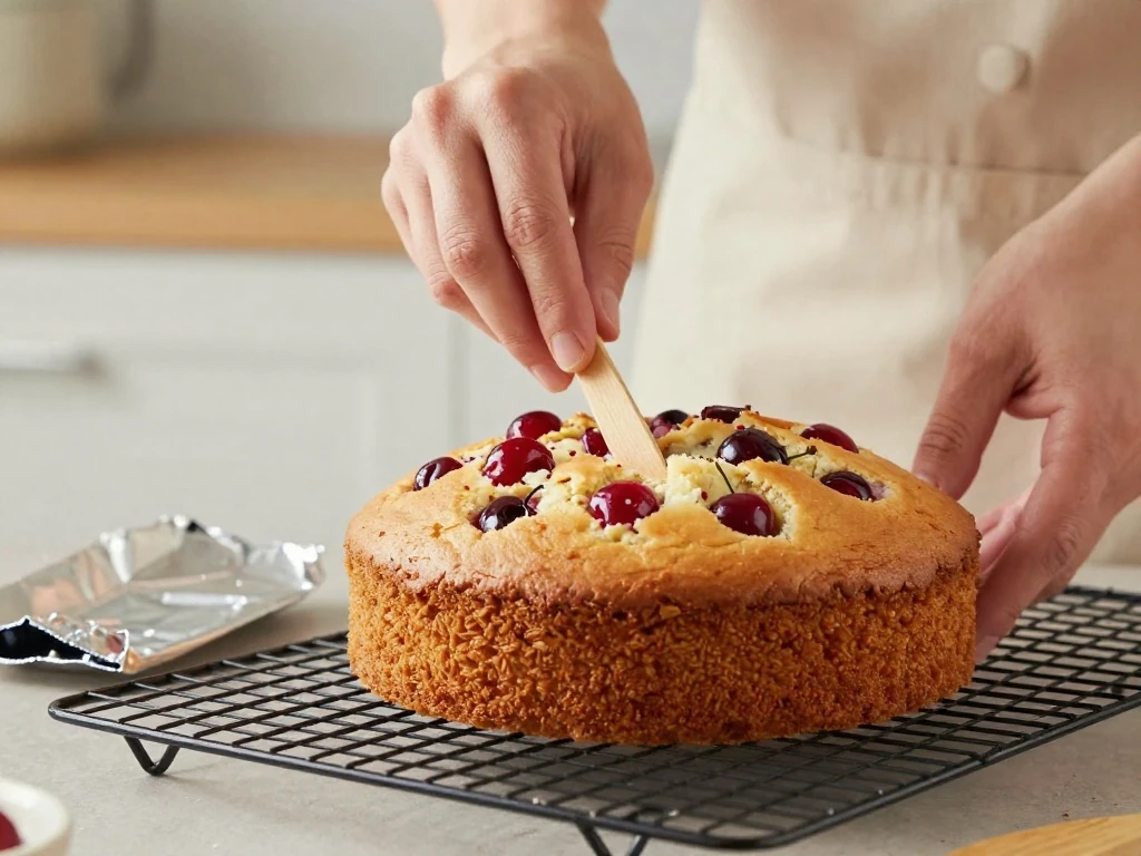 Testing a baked cherry cake with a skewer