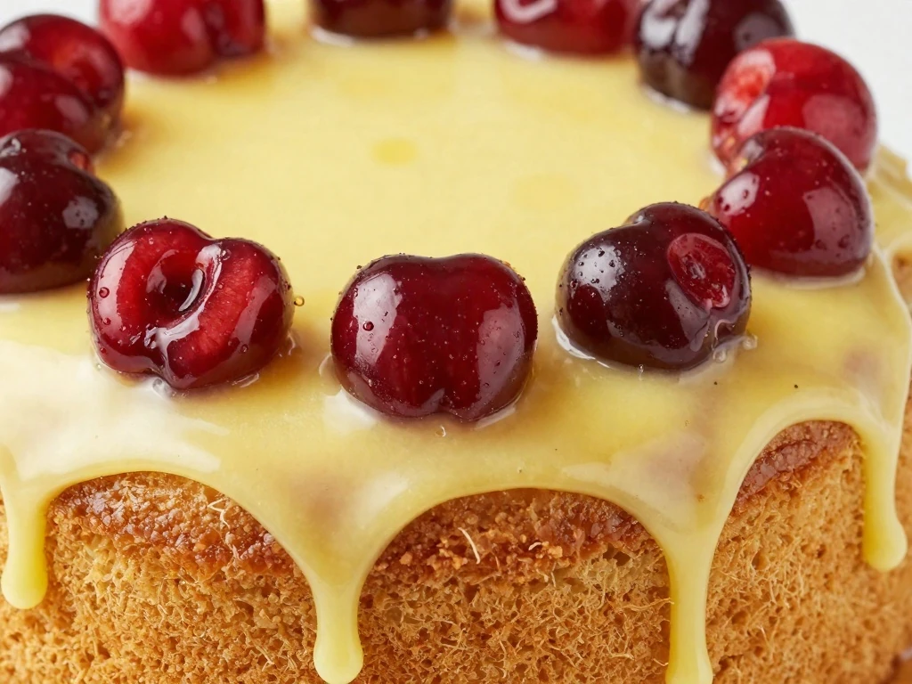 Lemon-drizzled cherry cake decorated with glacé cherries