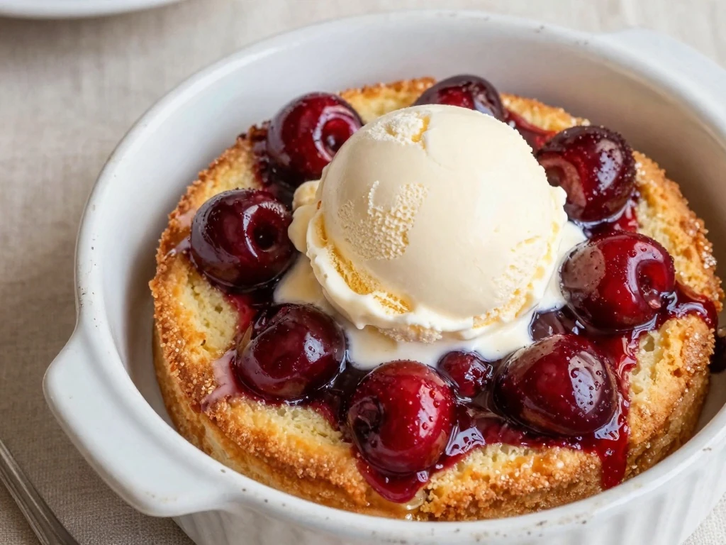 Warm cherry dump cake served with vanilla ice cream