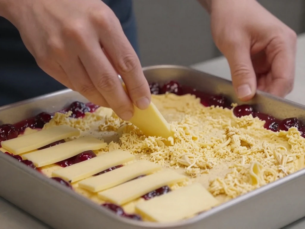 Layering cake mix over cherry pie filling for dump cake