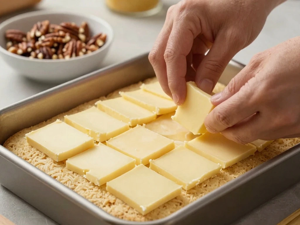 Thin butter slices covering the cake mix evenly
