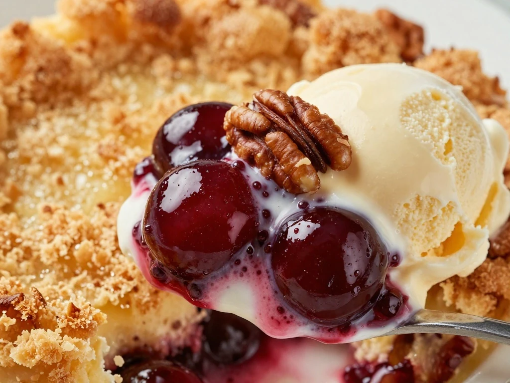 Close-up of cherry dump cake with ice cream and pecans